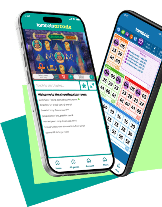 Image of two floating phones showcasing tombola bingo games with a colourful background.